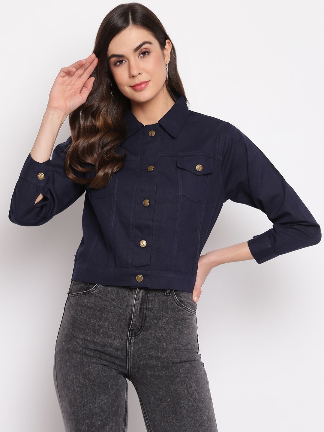 

DressBerry Women Colourblocked Crop Denim Jacket, Navy blue