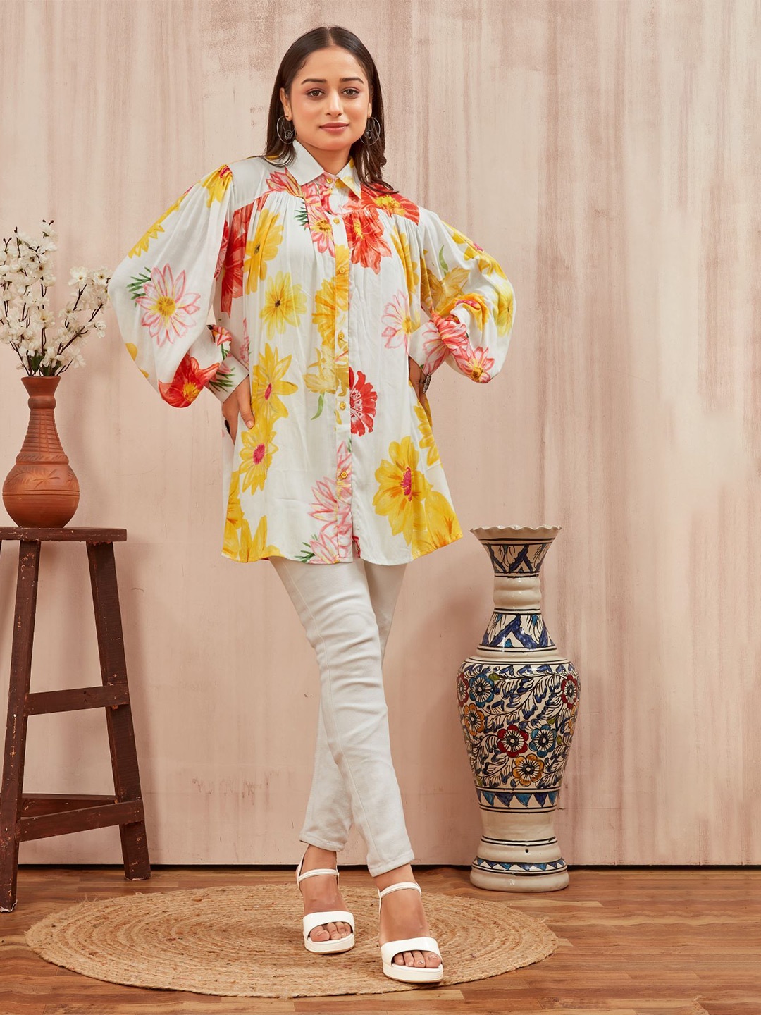 

PIRRA DESIGNS Women Floral Print Puff Sleeve Shirt Dress, White