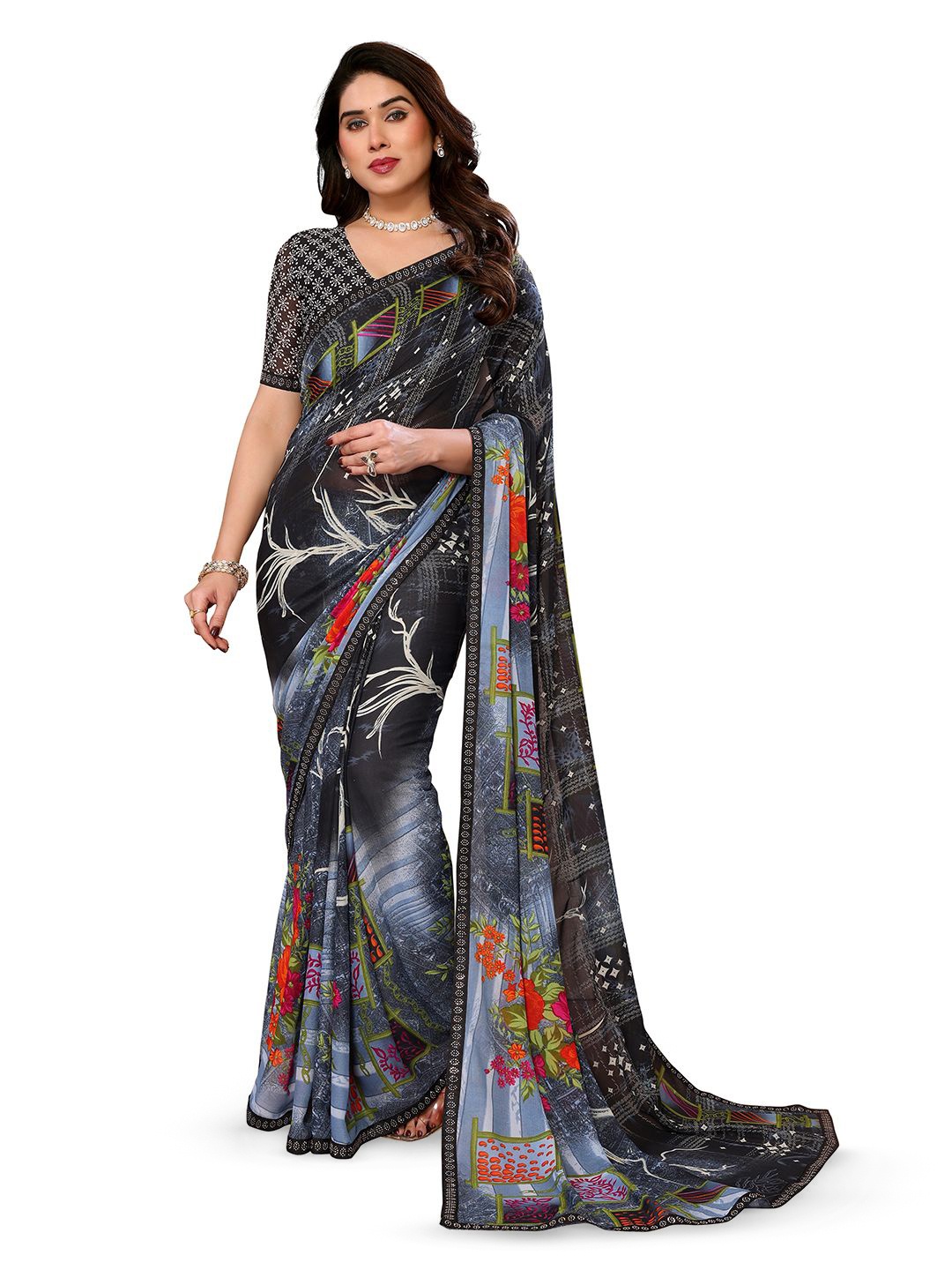 

ANAND SAREES Floral Beads and Stones Pure Georgette Saree, Black