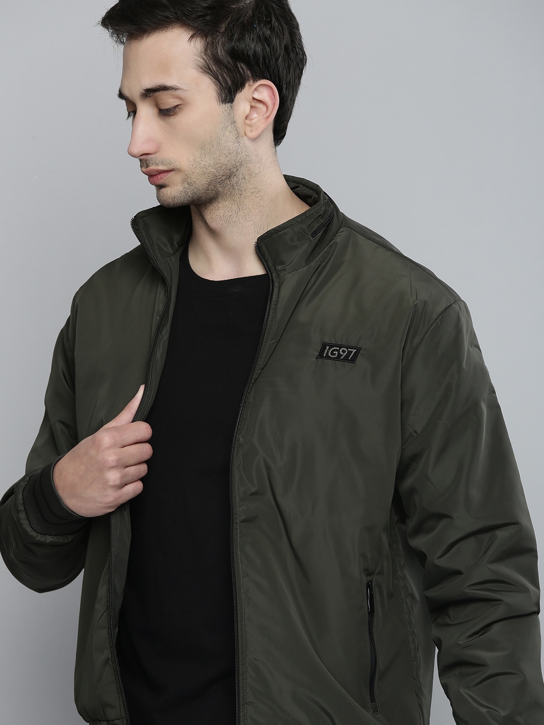 

The Indian Garage Co Men Zip-Front Slim Fit Bomber Jacket, Green