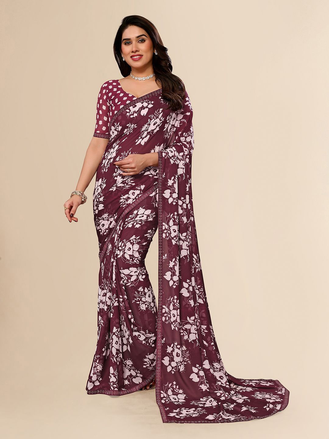 

ANAND SAREES Floral Pure Georgette Saree, Maroon