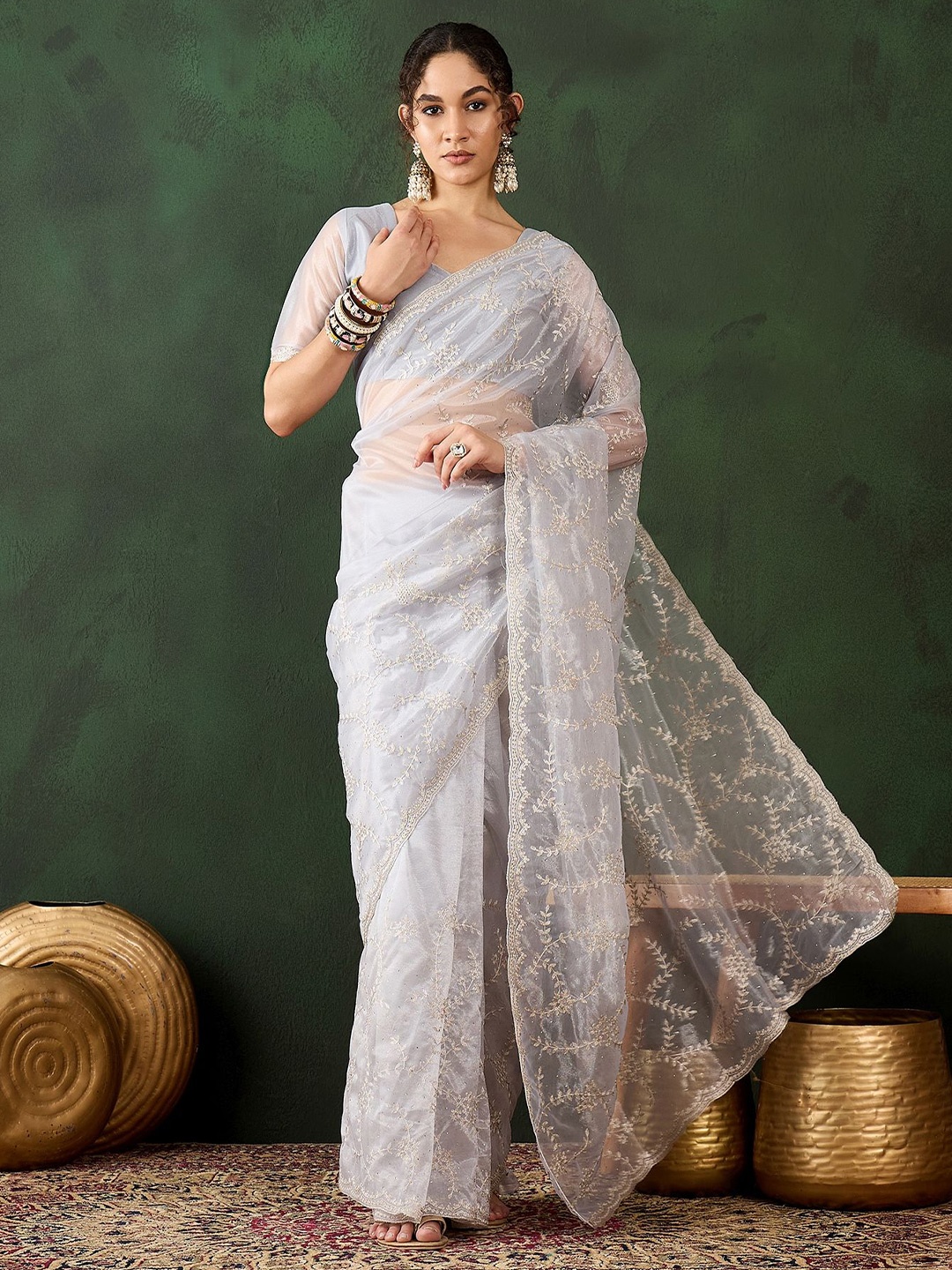 

Suha Ethnic Motifs Embroidered Art Silk Saree, Silver