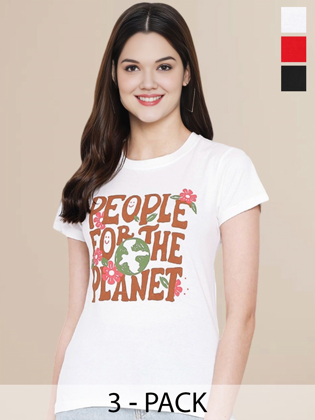

Metronaut Women Pack Of 3 Typography Printed Round Neck Cotton T-shirts, Red