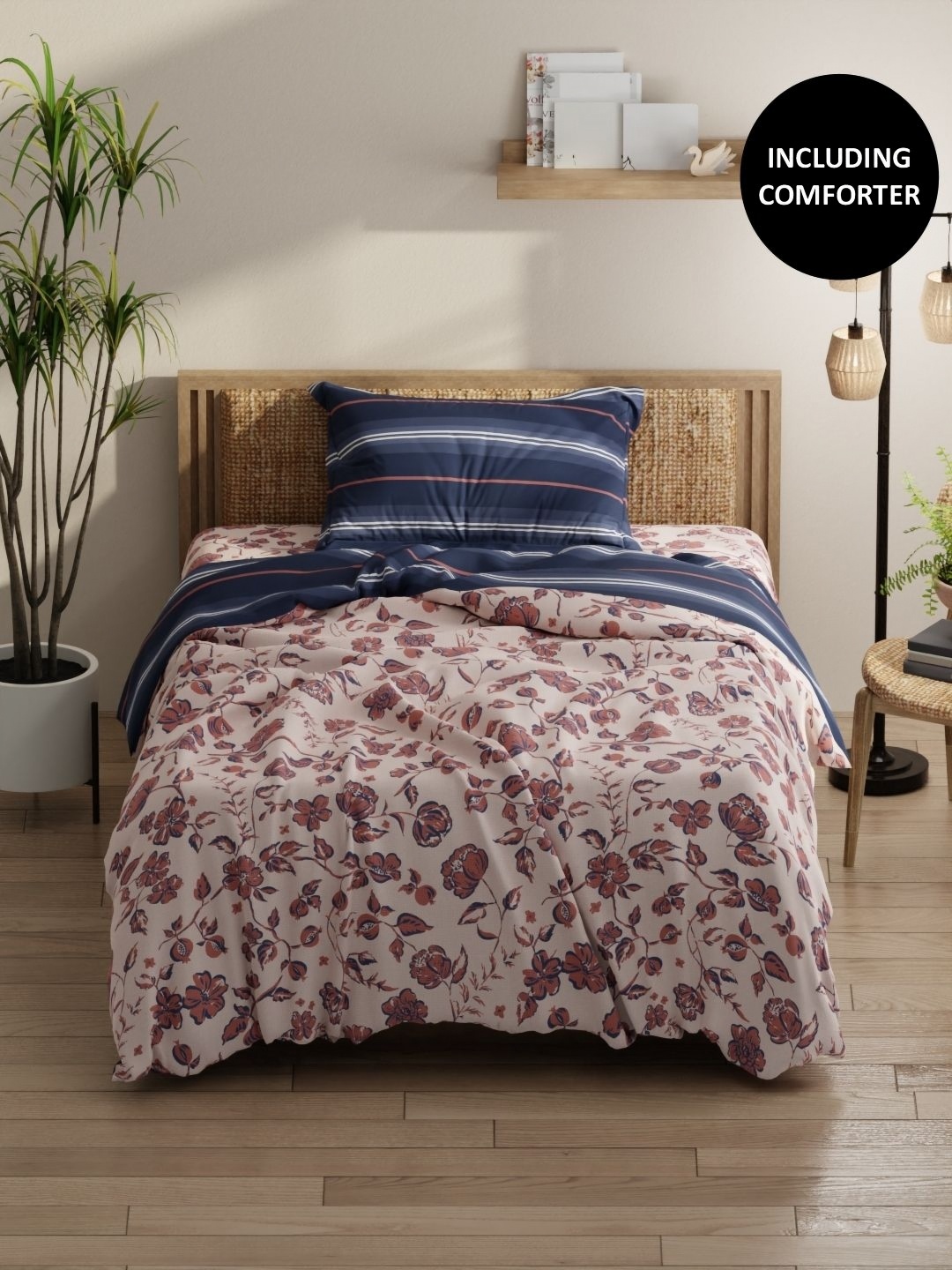 

KOPA Red & White 3 Pcs Floral Printed Cotton Single Comforter & Bedsheet Set
