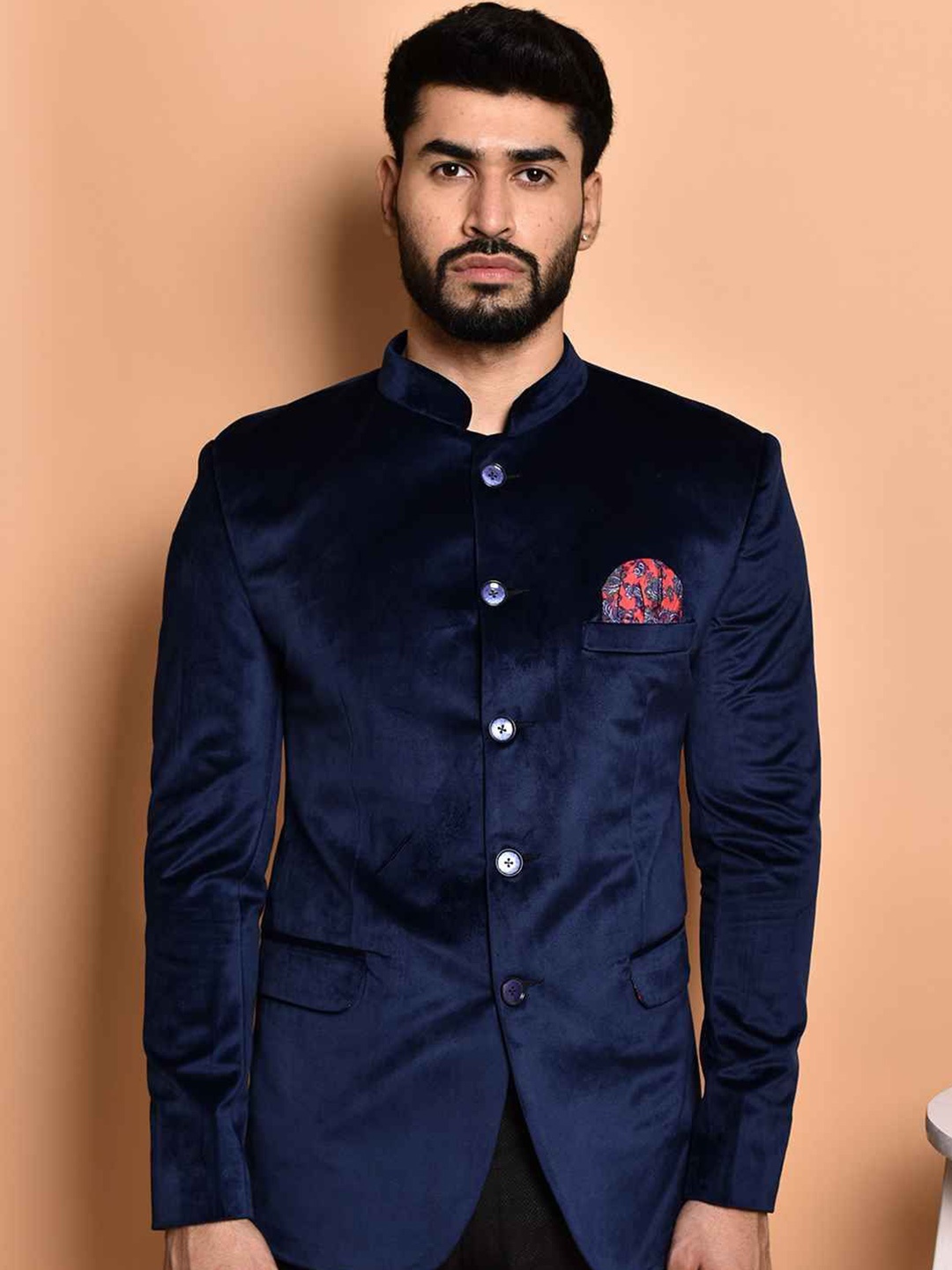

PRINTINDIA Mandarin Collar Bandhgala Blazer, Navy blue