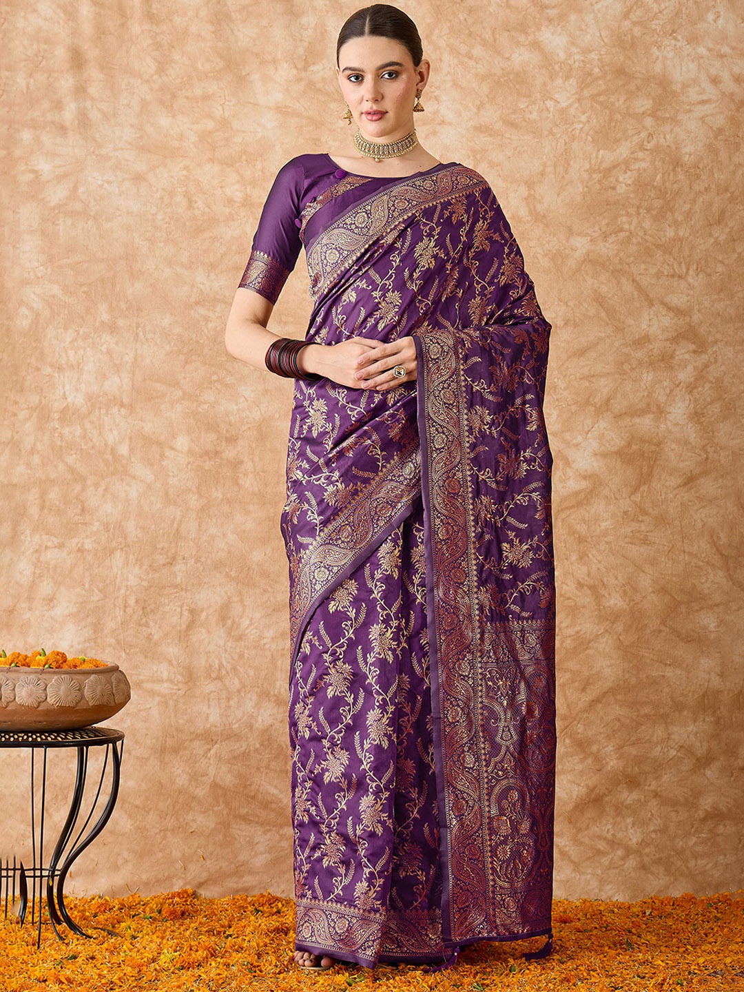 

Suha Woven Design Zari Art Silk Ready to Wear Banarasi Saree, Purple