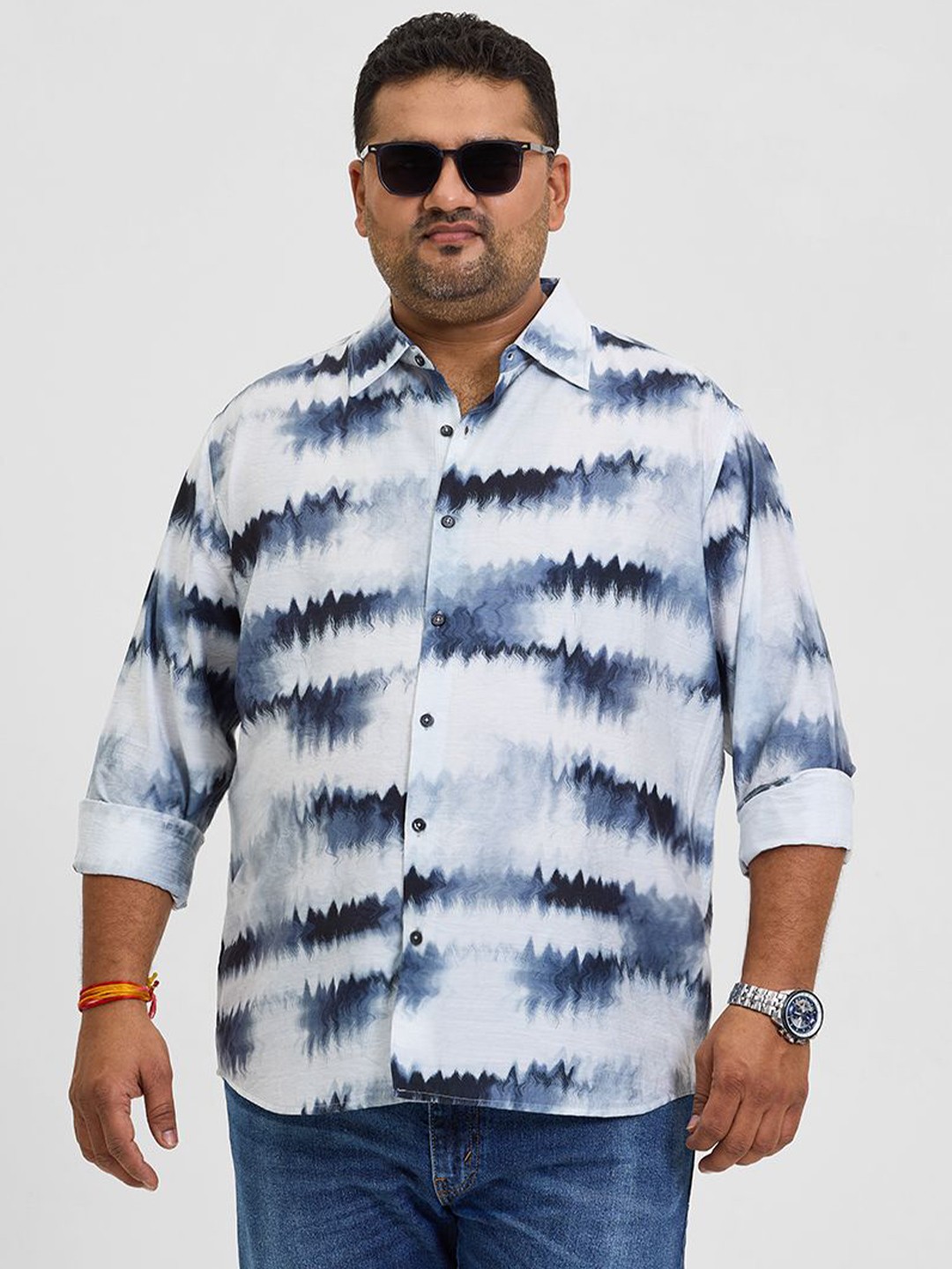 

Snitch Plus Size Men Classic Opaque Printed Casual Shirt, White