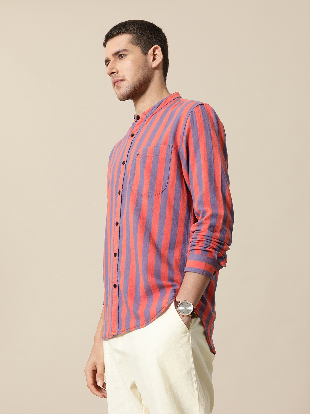 

Mr Bowerbird Pure Cotton Tailored Fit Opaque Striped Casual Shirt, Coral