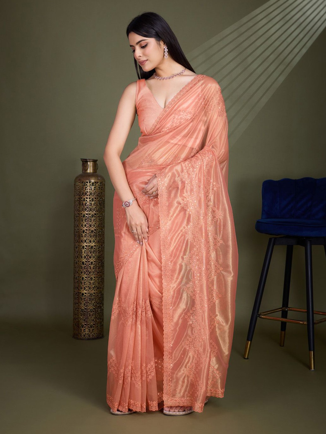 

Meena Bazaar Ethnic Motifs Sequinned Tissue Saree, Peach