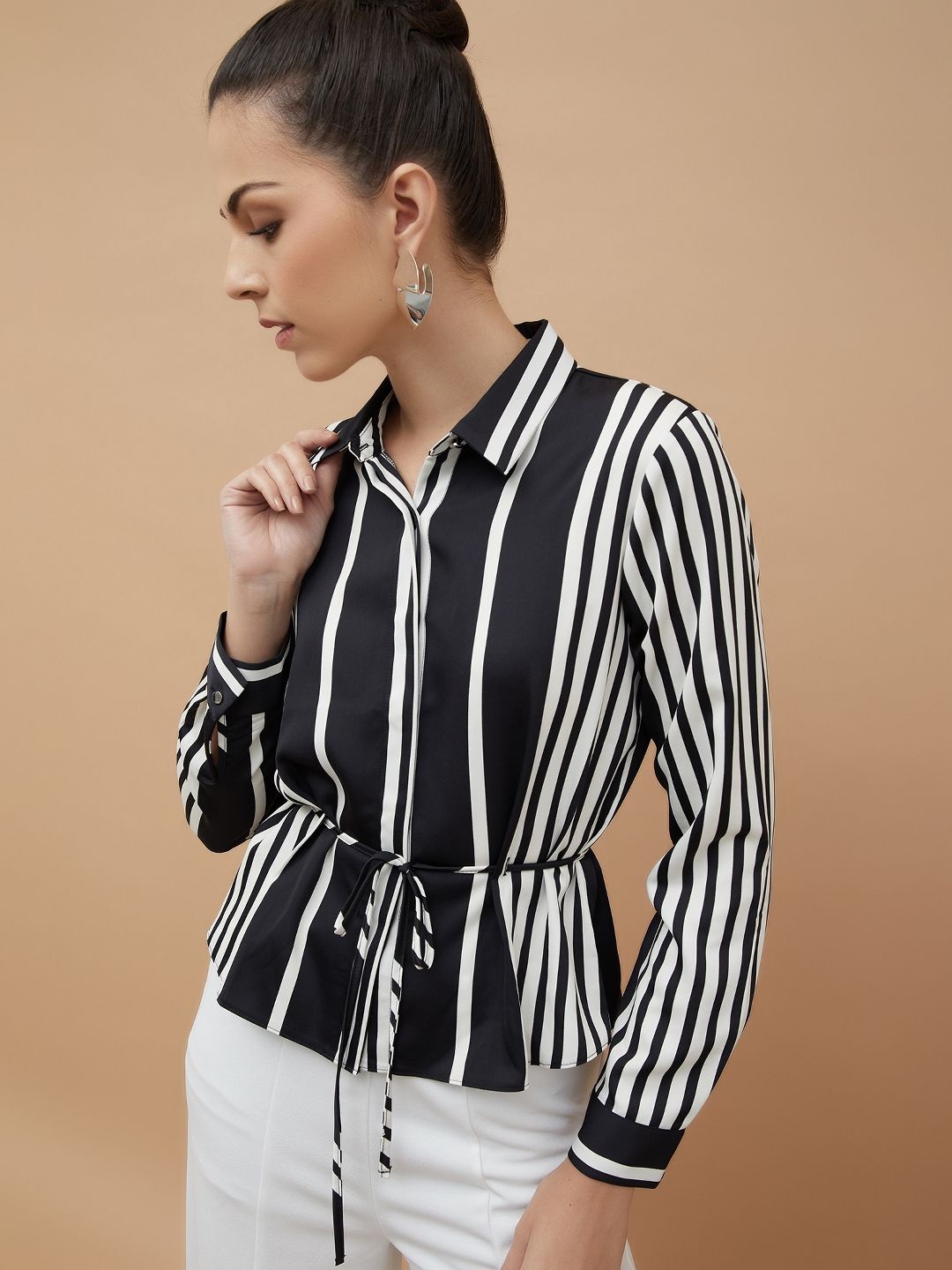 

CODE by Lifestyle Women Striped Printed Shirt Style Top, Black