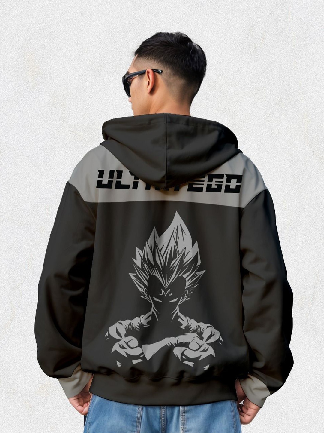 

Crazymonk Printed Anime Ultra Ego Oversized Fit Hooded Sweatshirt, Steel