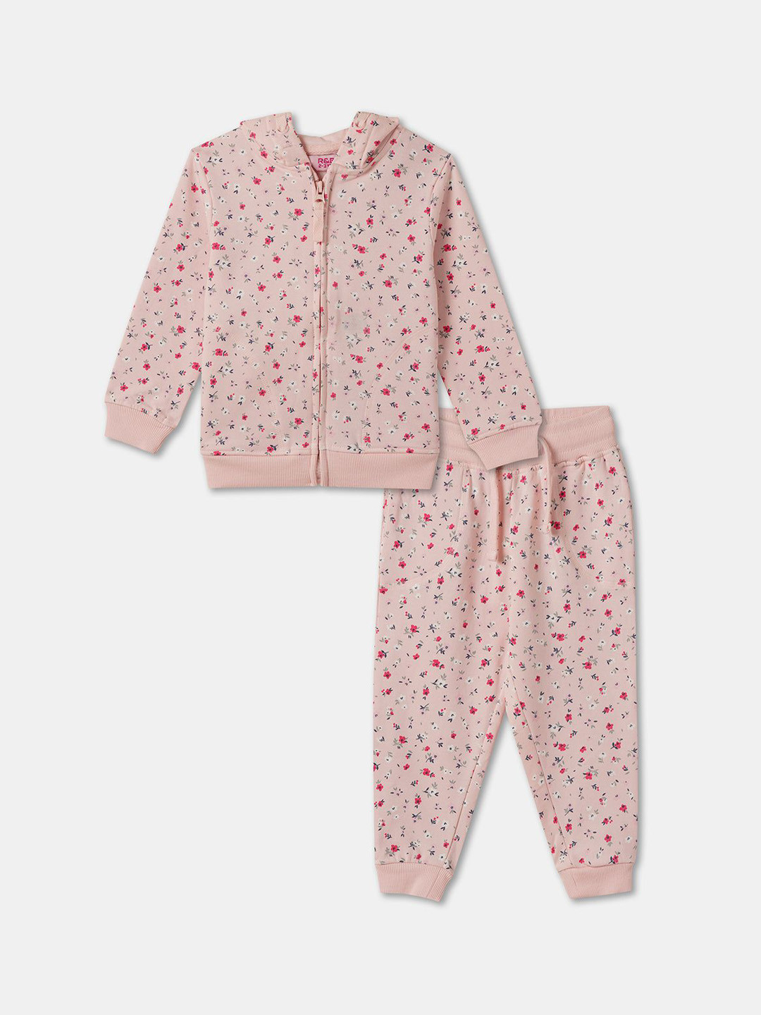 

R&B Girls Floral Printed Hooded Pure Cotton Sweatshirt & Joggers, Pink