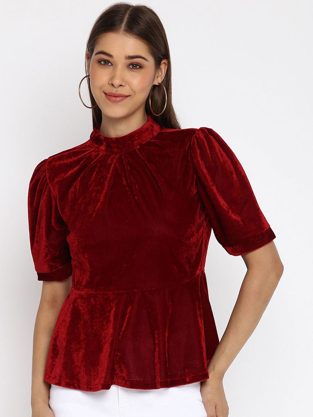 

DressBerry Puff Sleeve Velvet Peplum Top, Maroon