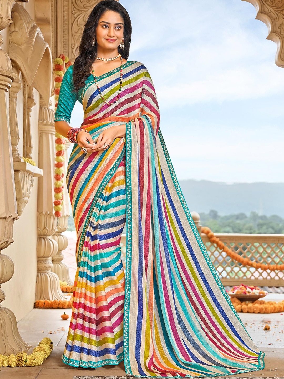 

Laxmipati Striped Sequinned Poly Chiffon Designer Saree, White