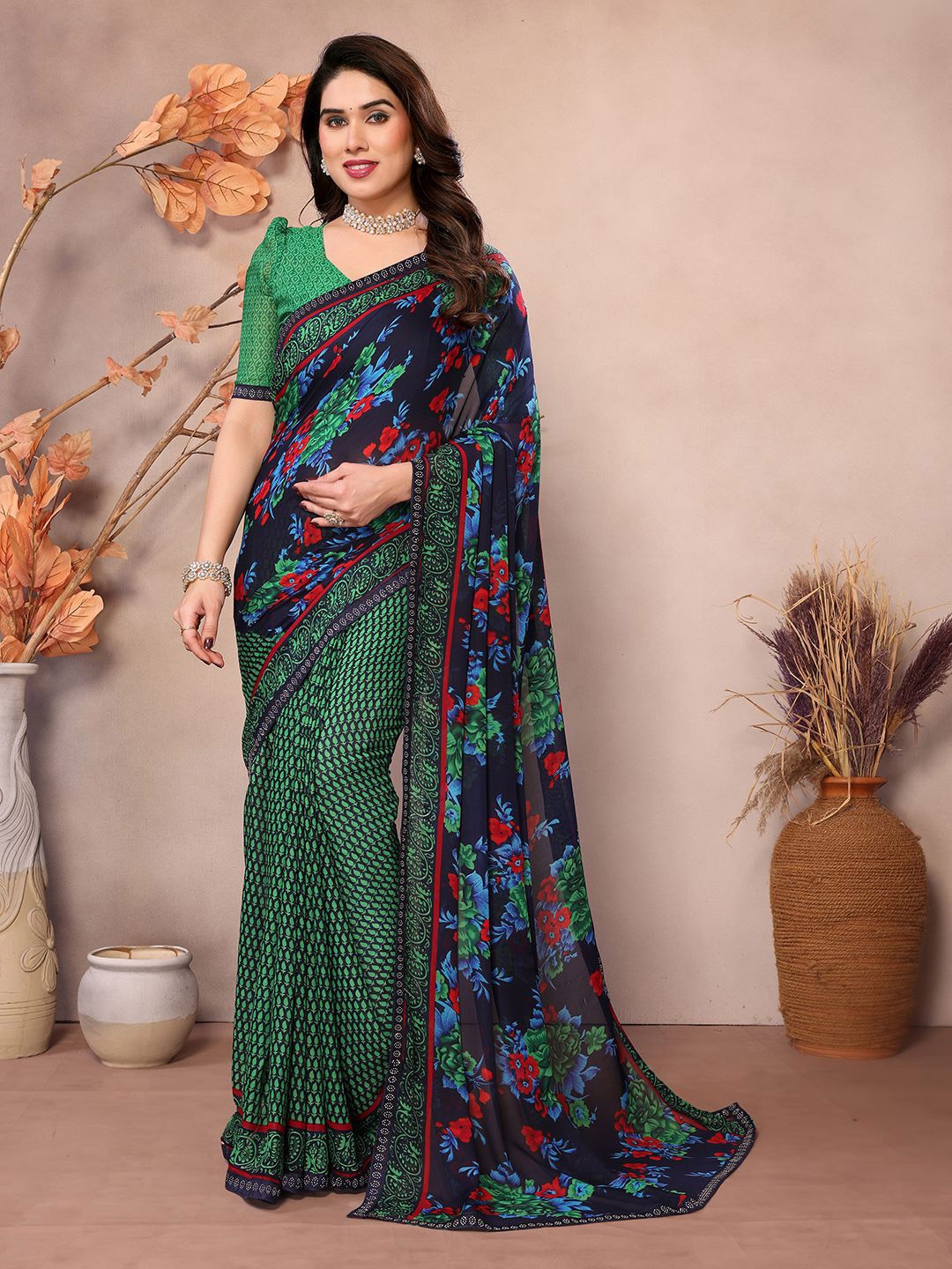 

ANAND SAREES Floral Beads and Stones Pure Georgette Saree, Green