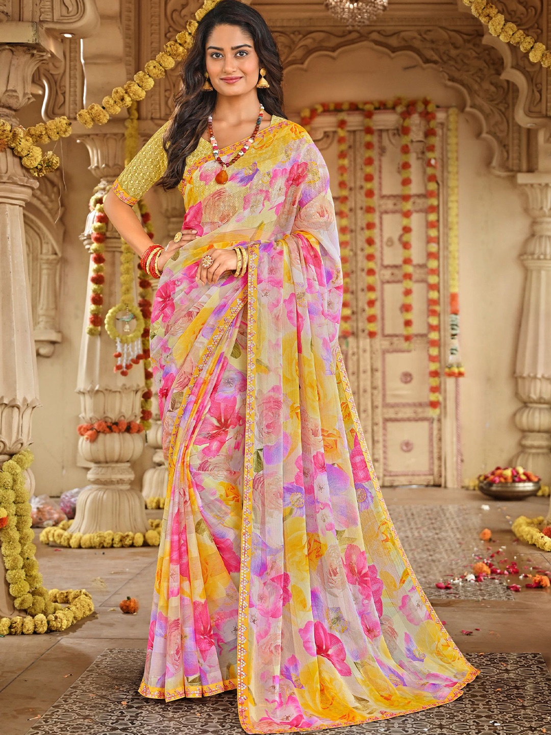 

Laxmipati Floral Embroidered Satin Saree, Pink