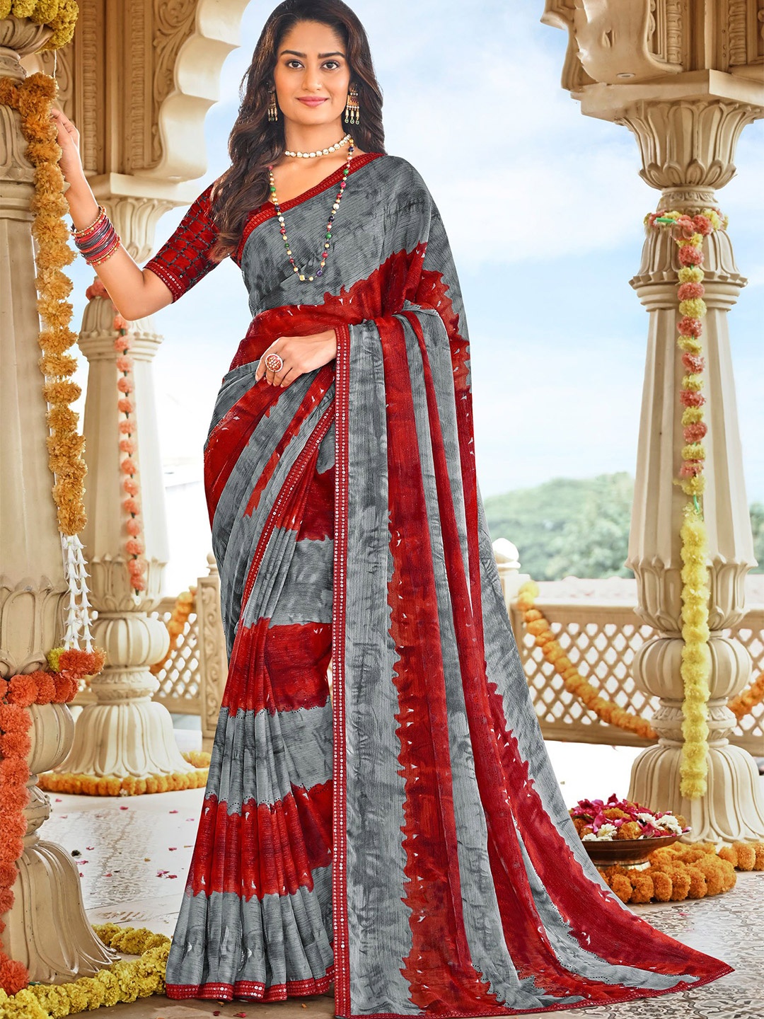 

Laxmipati Striped Sequinned Poly Chiffon Saree, Red