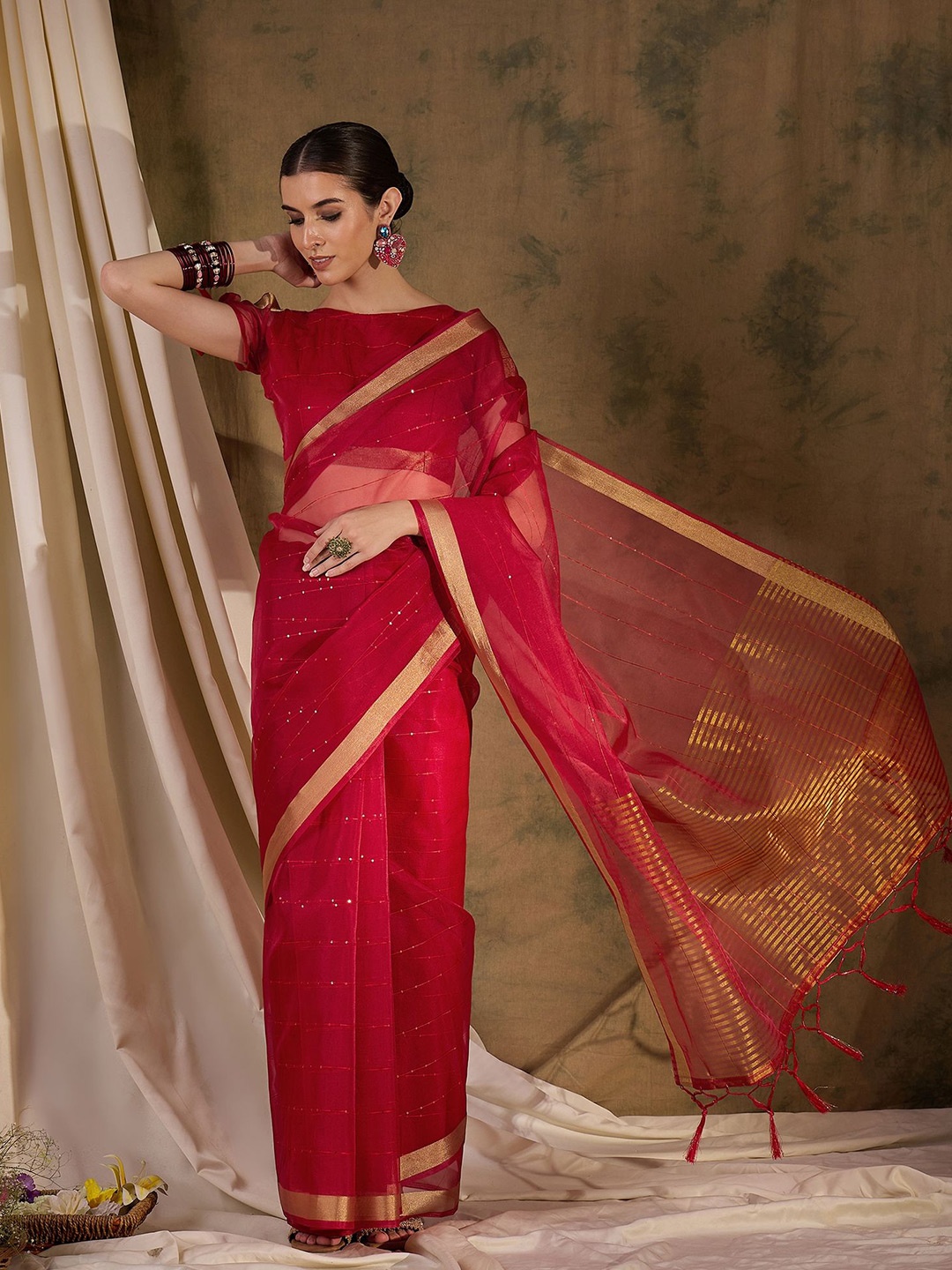 

Suha Embellished Sequinned Organza Saree, Red