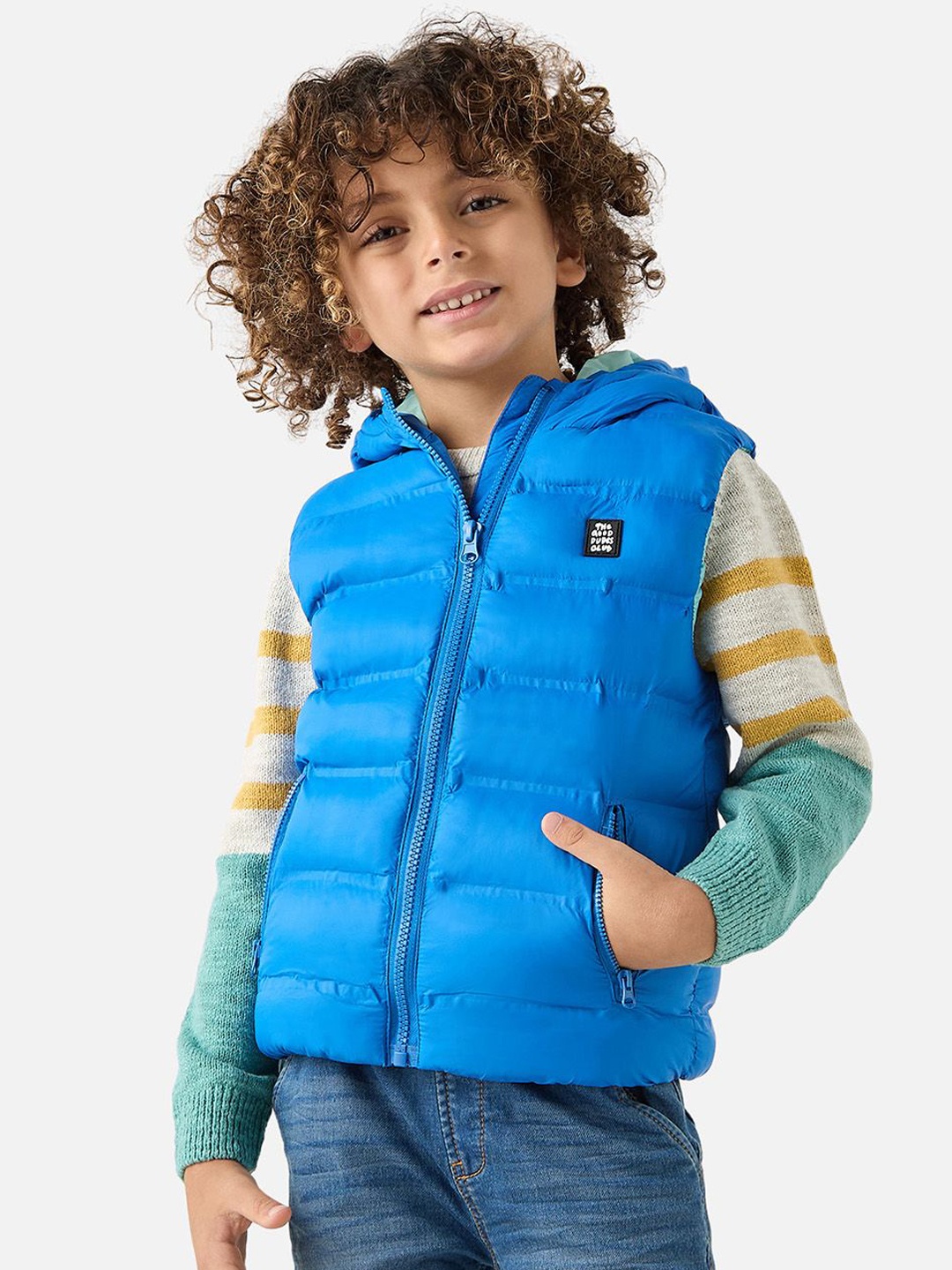 

Juniors by Babyshop Boys Colourblocked Nylon Crop Quilted Jacket with Patchwork, Blue