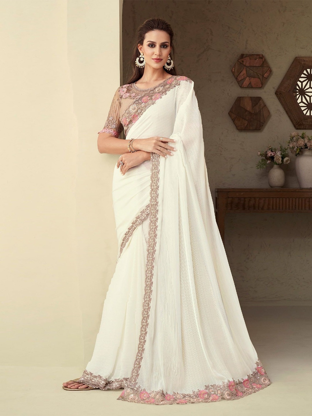 

Reboot Fashions Sequinned Pure Silk Saree, Cream