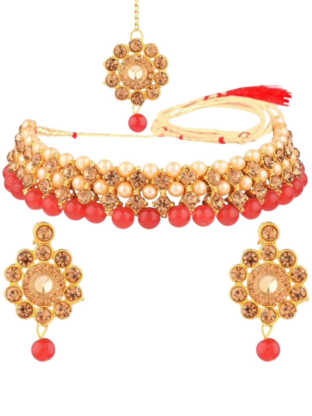 

Gyaan Jewels Gold-Plated Stone Studded & Beaded Jewellery Set