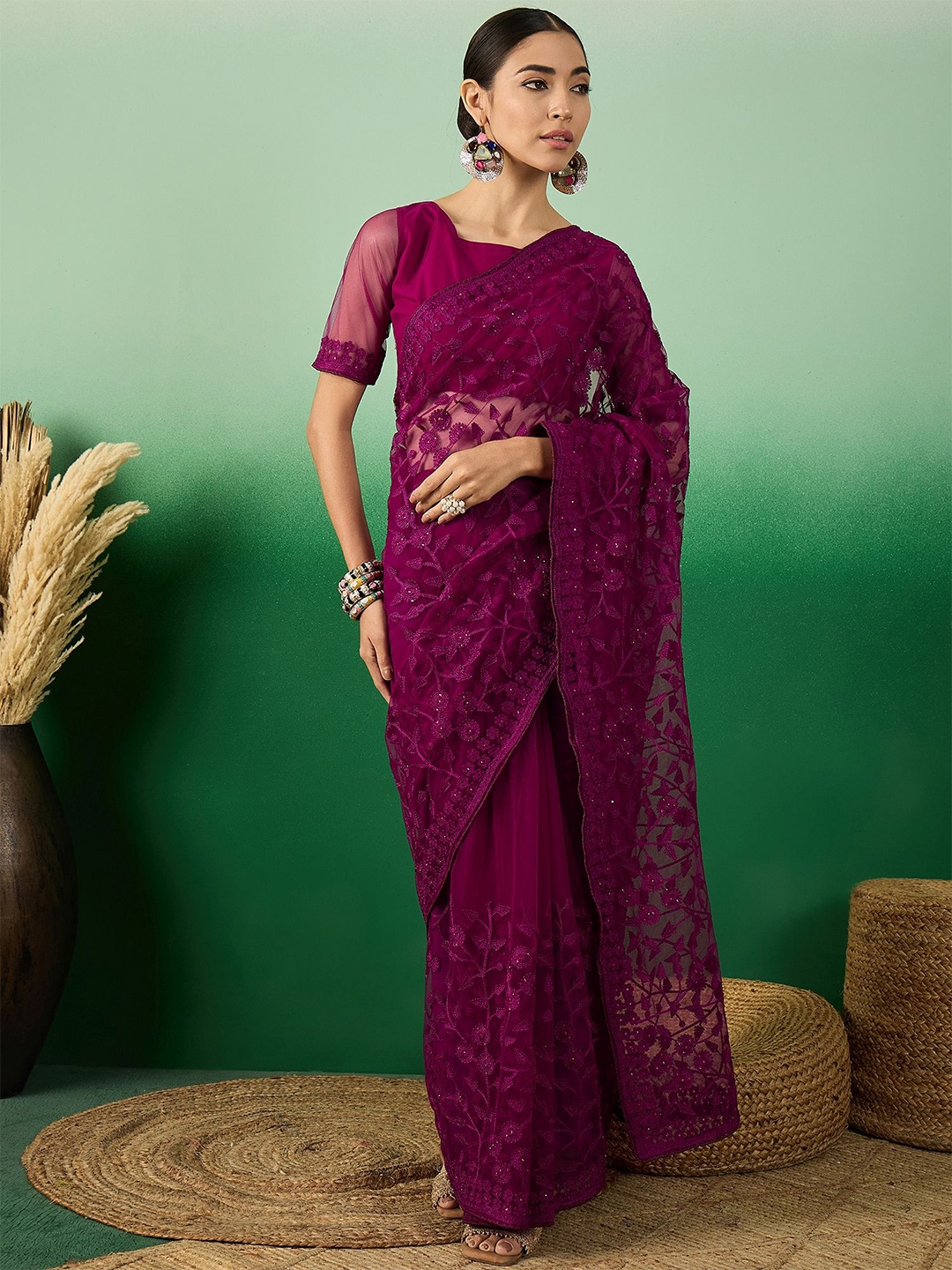 

Suha Embellished Supernet Ready to Wear Saree, Purple