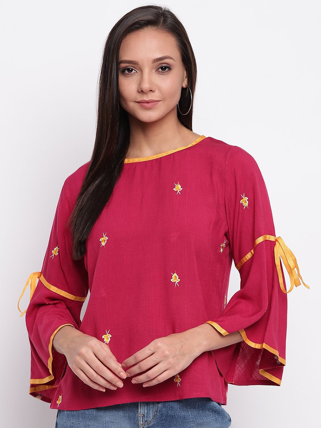 

DressBerry Women Embroidered Bell Sleeve Top, Maroon