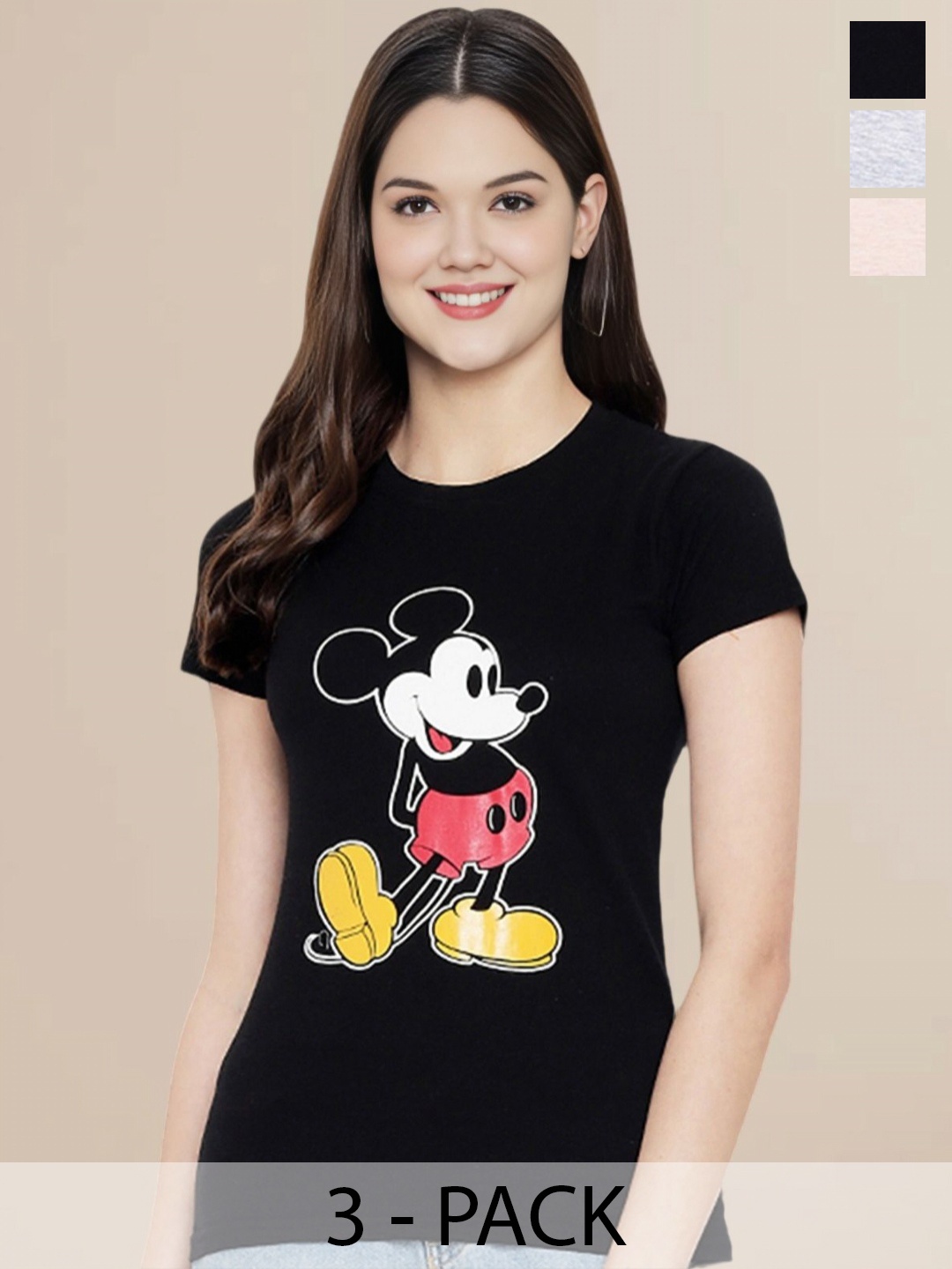 

Metronaut Women Pack Of 3 Typography Printed Round Neck Cotton Mickey Mouse T-shirts, Peach