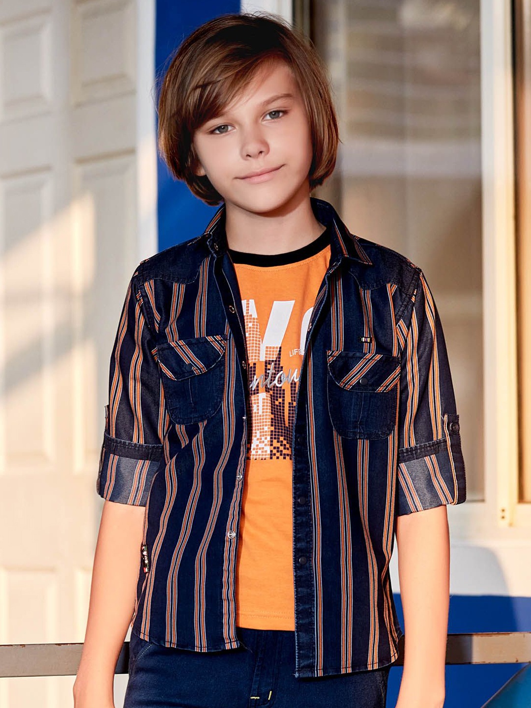 

MashUp Boys Classic Opaque Striped Casual Shirt, Orange