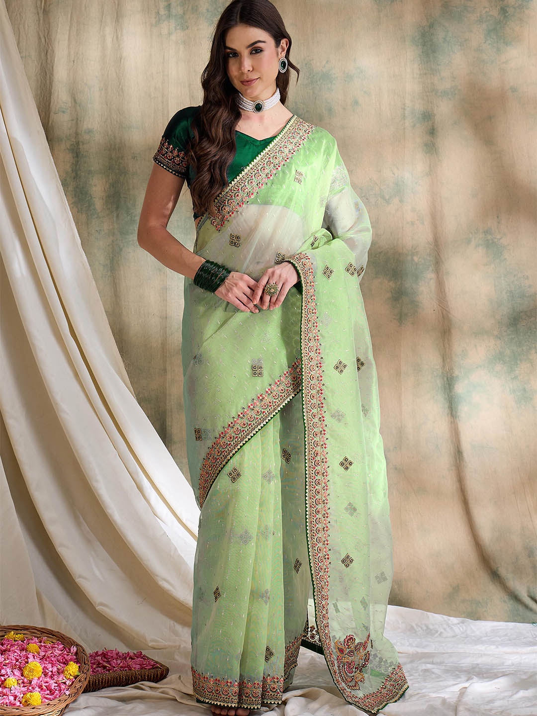 

Suha Embellished Sequinned Organza Saree, Green
