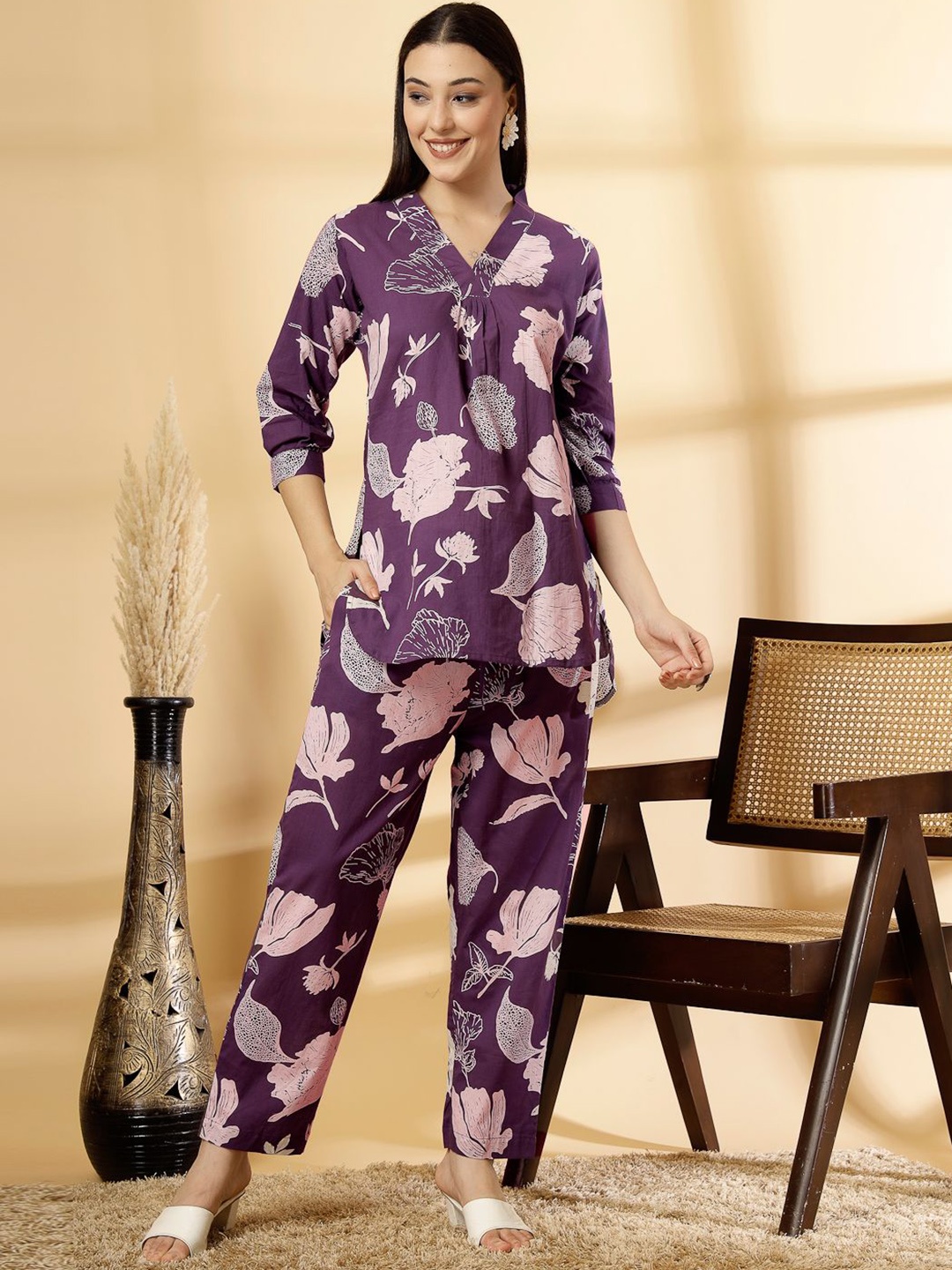 

Pistaa V-Neck Printed Pure Cotton Tunic With Trousers, Purple