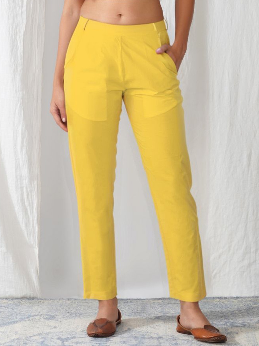 

zuri Women Relaxed Straight Leg Mid Rise Cotton Trousers, Yellow