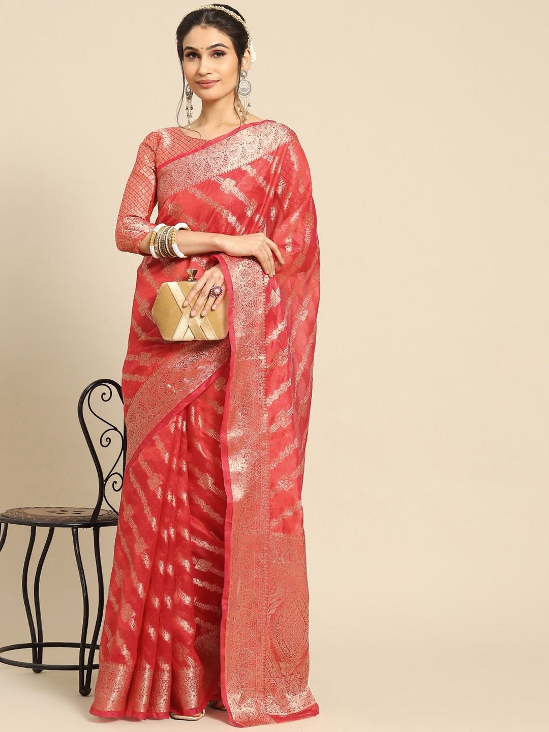 

SHRIMAY Ethnic Motifs Zari Organza Banarasi Saree, Red