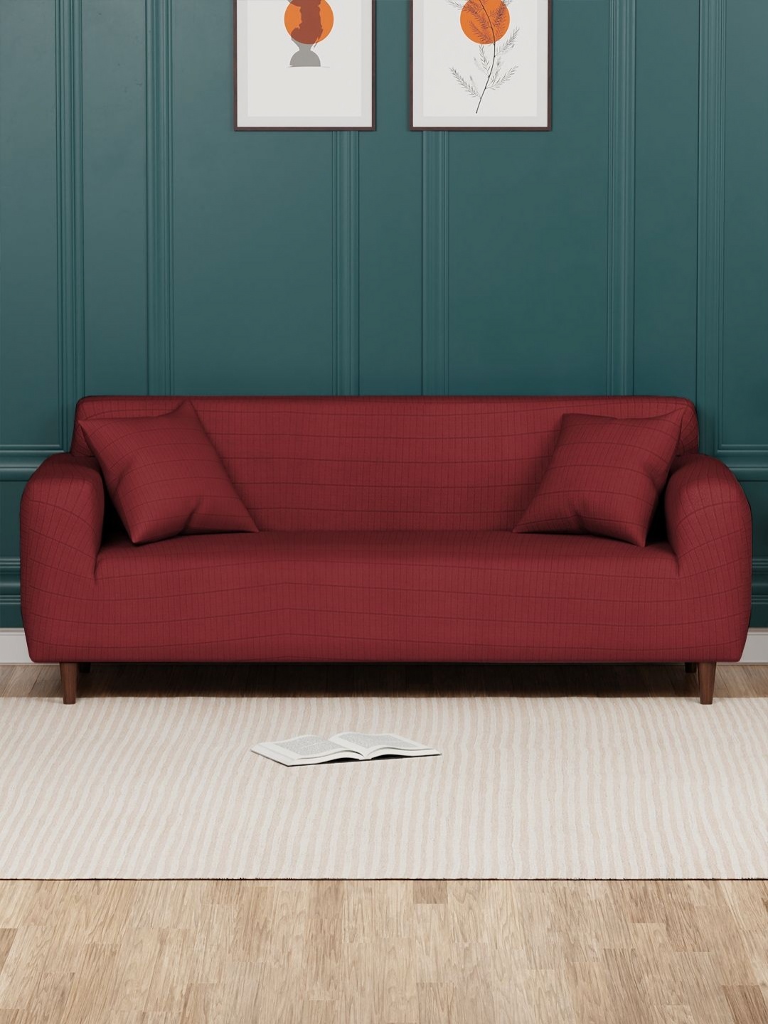 

Myntra Elegant Homes Red Textured Three Seater Sofa Cover With 2 Cushion Covers