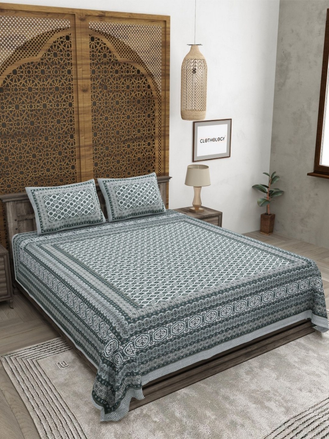 

CLOTHOLOGY Grey Floral Printed 180 TC Pure Cotton King Bedsheet Set 2.75 m x 2.25 m