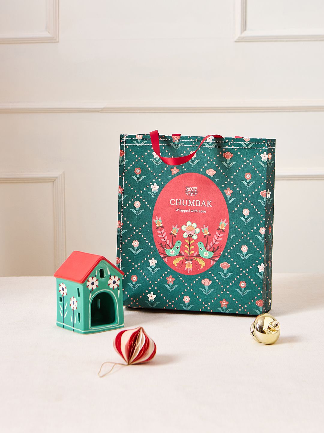

Chumbak Green & Red Color-Block Cottage Candle Holder