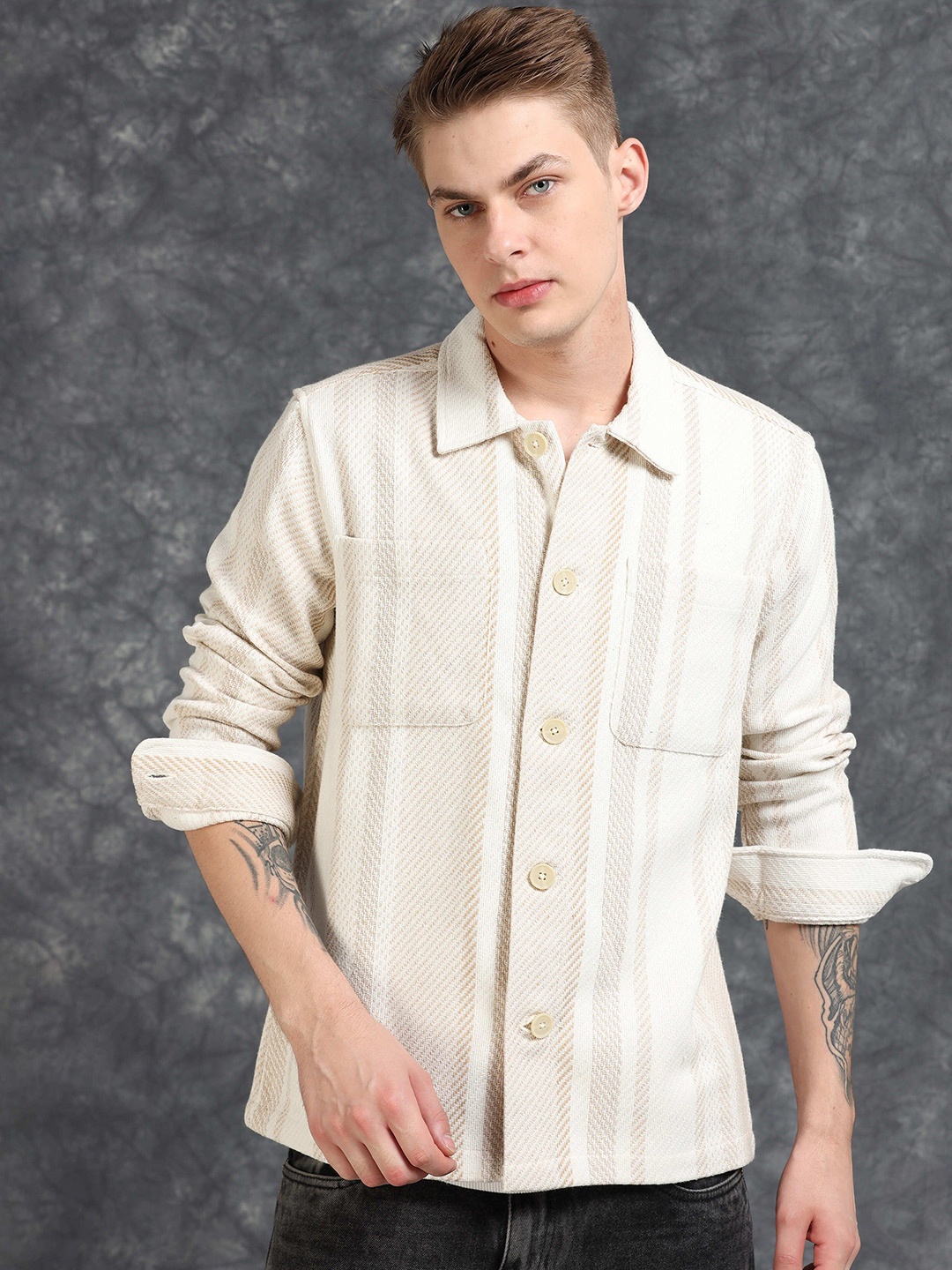 

StitchX Men Relaxed Fit Full Sleeve Textured Striped Smart Collar Shacket, Beige