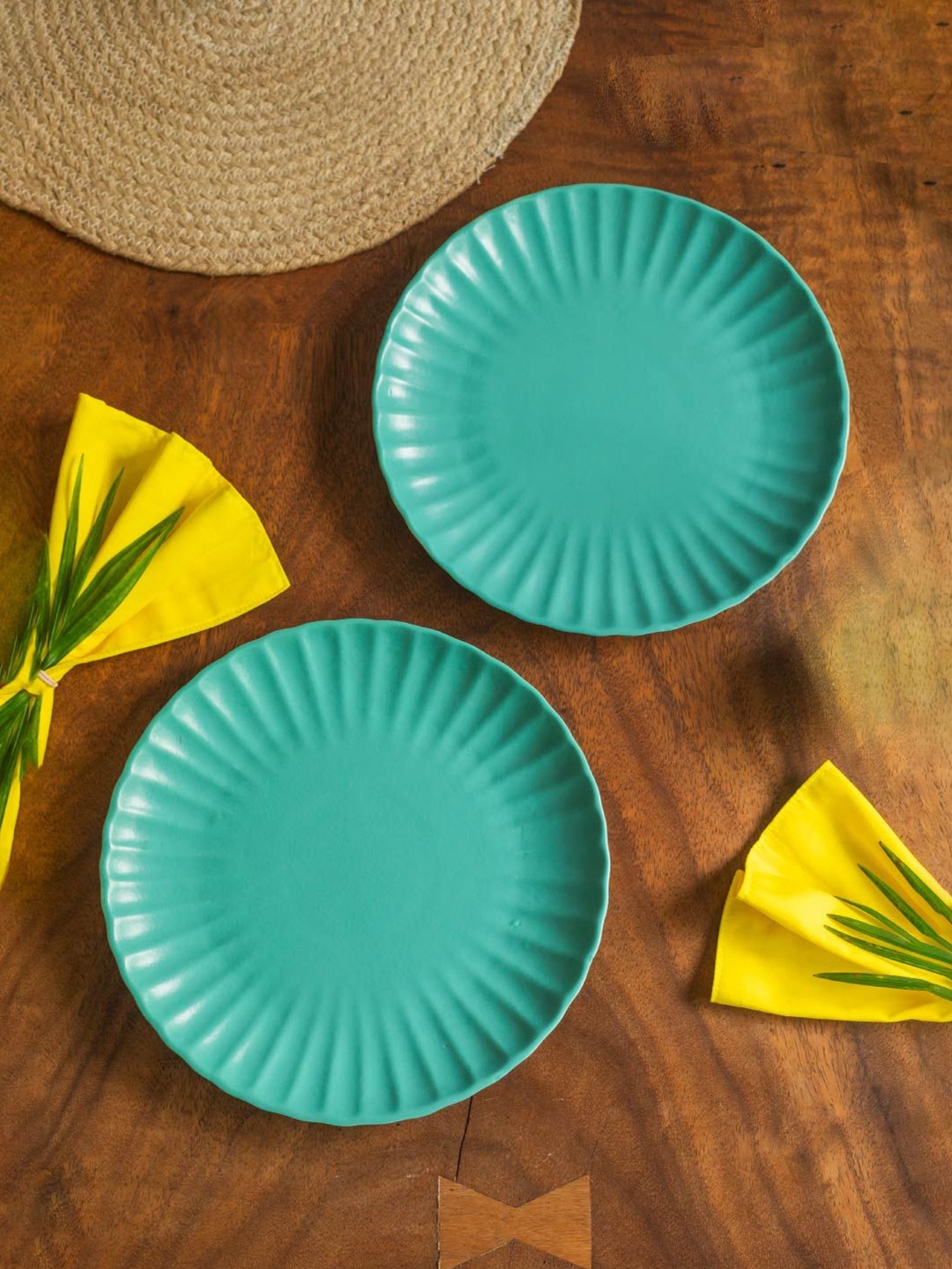 

10club Blue Ceramic Scallop Dinner Plate Set of 2, Turquoise blue