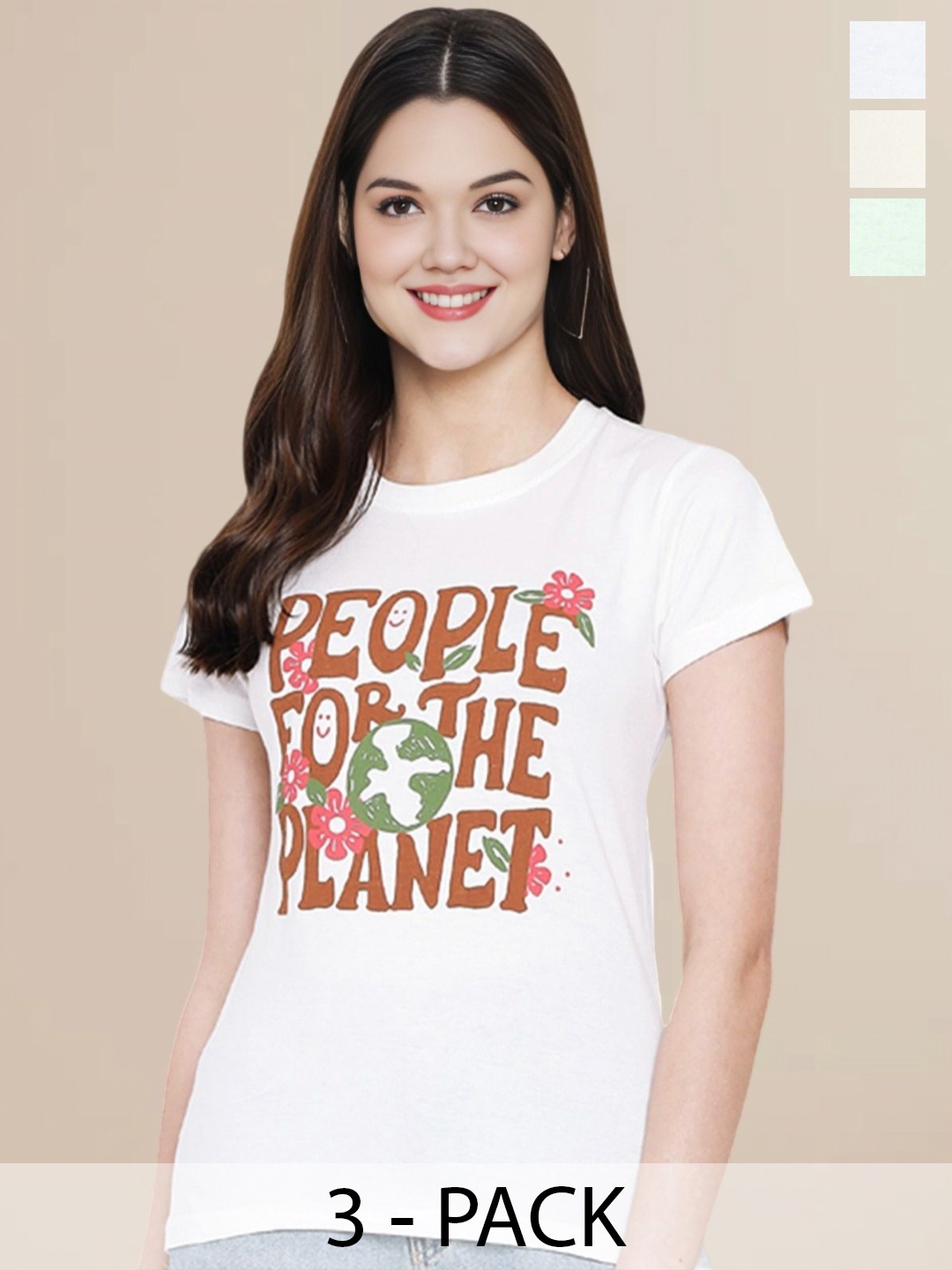 

Metronaut Women Pack Of 3 Typography Printed Round Neck Cotton T-shirts, White