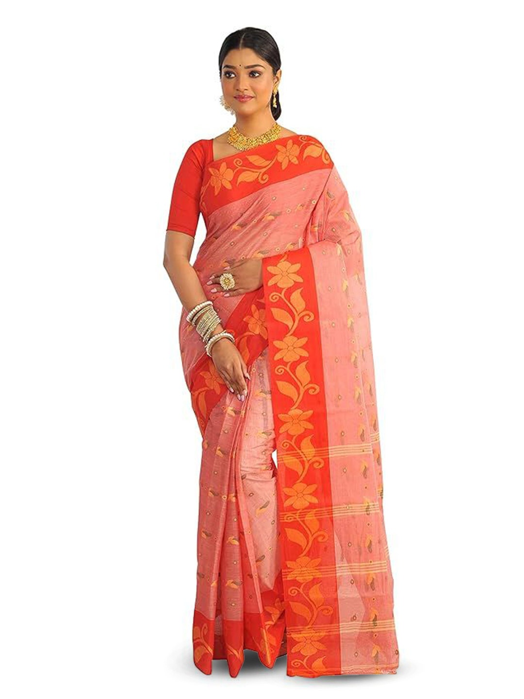 

RAJ SAREE HOUSE Woven Design Pure Cotton Taant Saree, Red