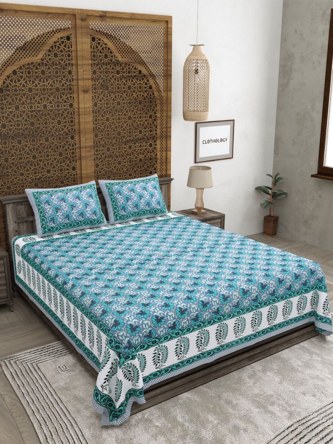 

CLOTHOLOGY Blue Floral Printed 180 TC Pure Cotton King Bedsheet Set 2.75 m x 2.25 m