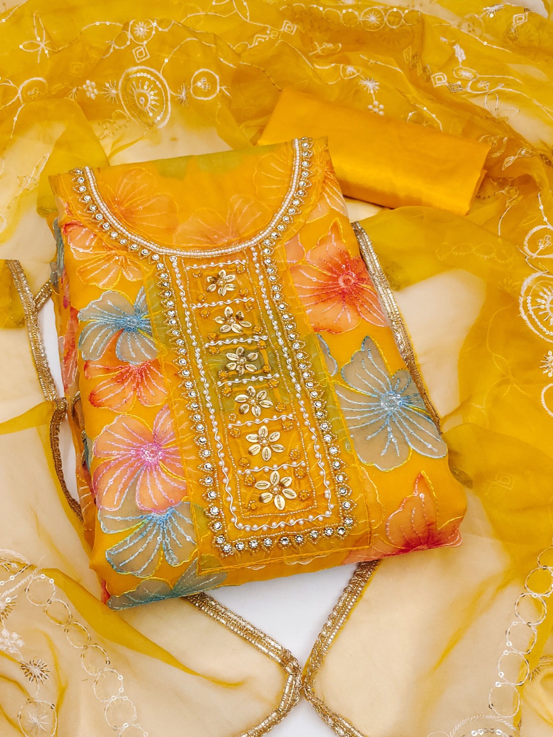

KIMISHA Embellished Unstitched Dress Material, Yellow