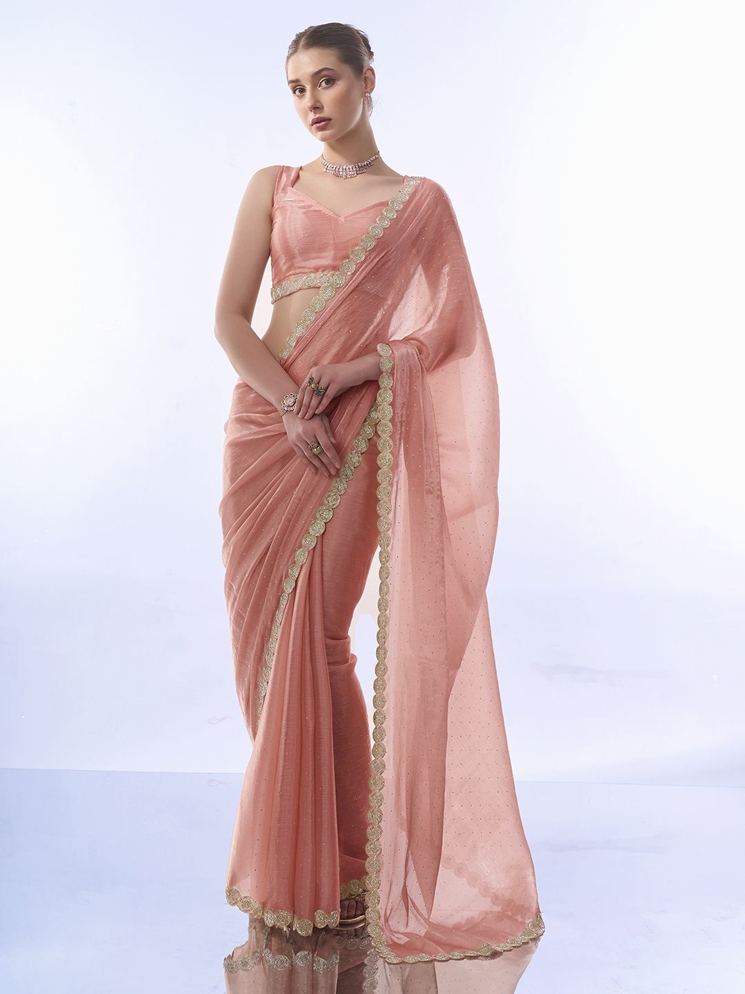 

Kalista Embellished Beads and Stones Pure Chiffon Designer Saree, Pink
