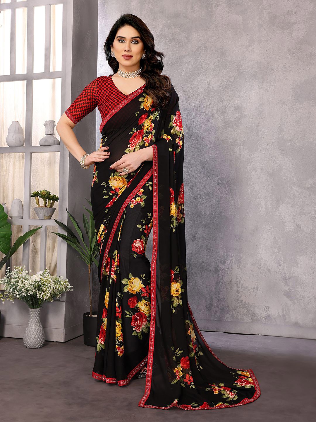

ANAND SAREES Floral Mukaish Pure Georgette Saree, Black