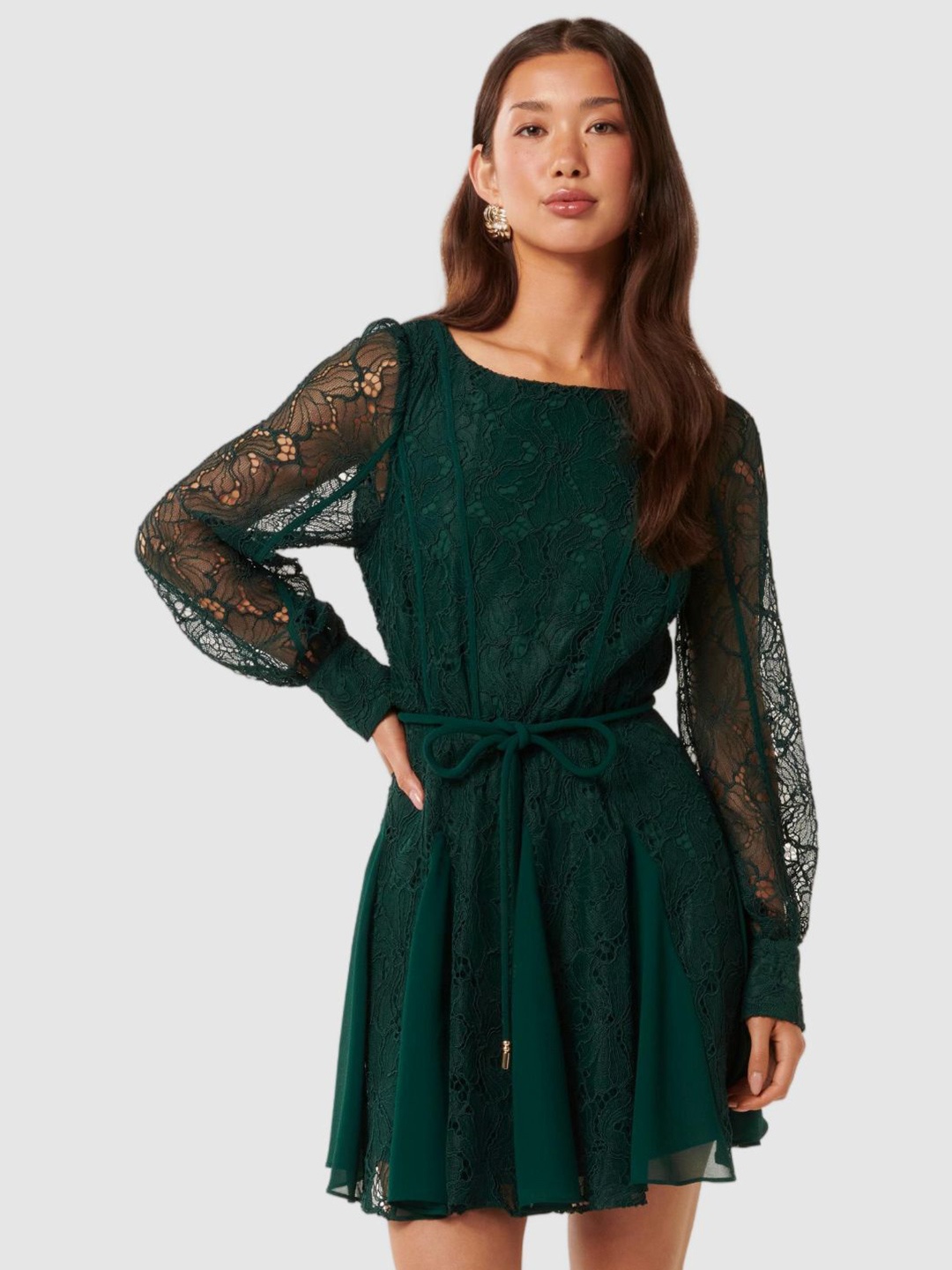 

Forever New Floral Bishop Sleeve Lace A-Line Mini Dress, Green