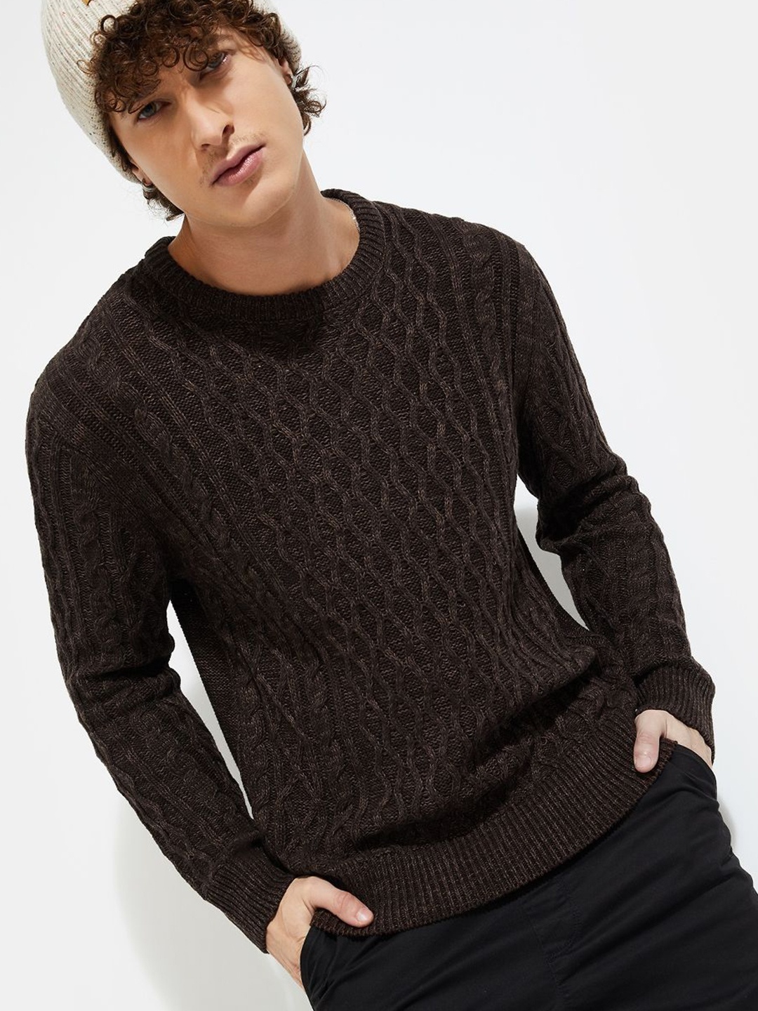 

MAX URB_N Men Chunky Cable Knit Sweater, Brown