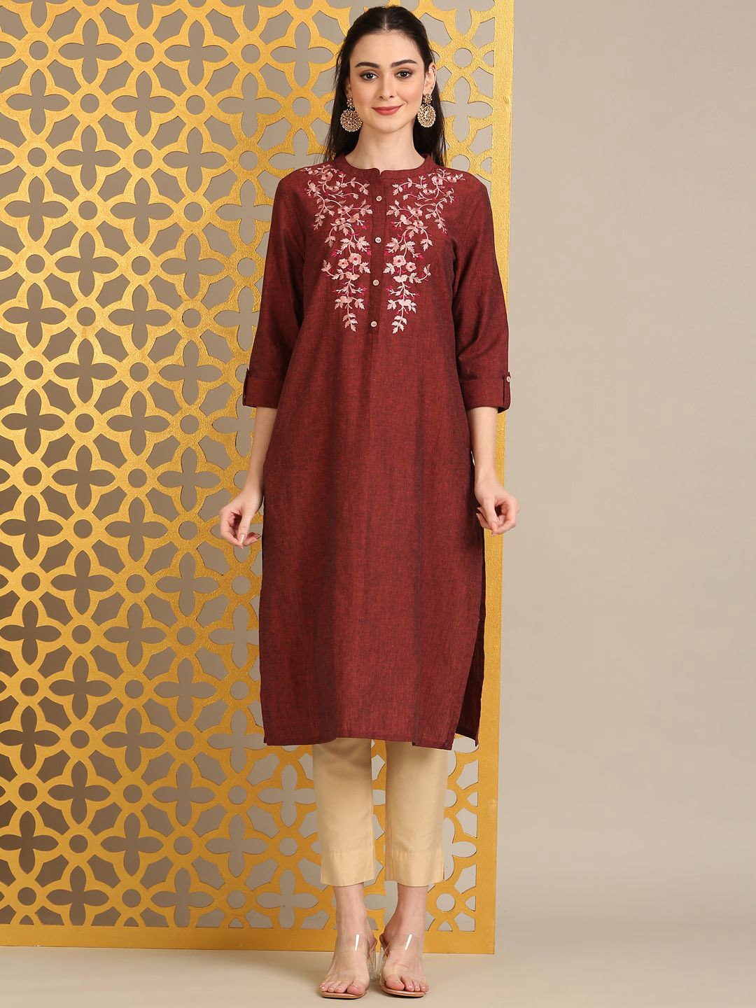 

Anouk Women Floral Embroidered Thread Work Kurta, Red