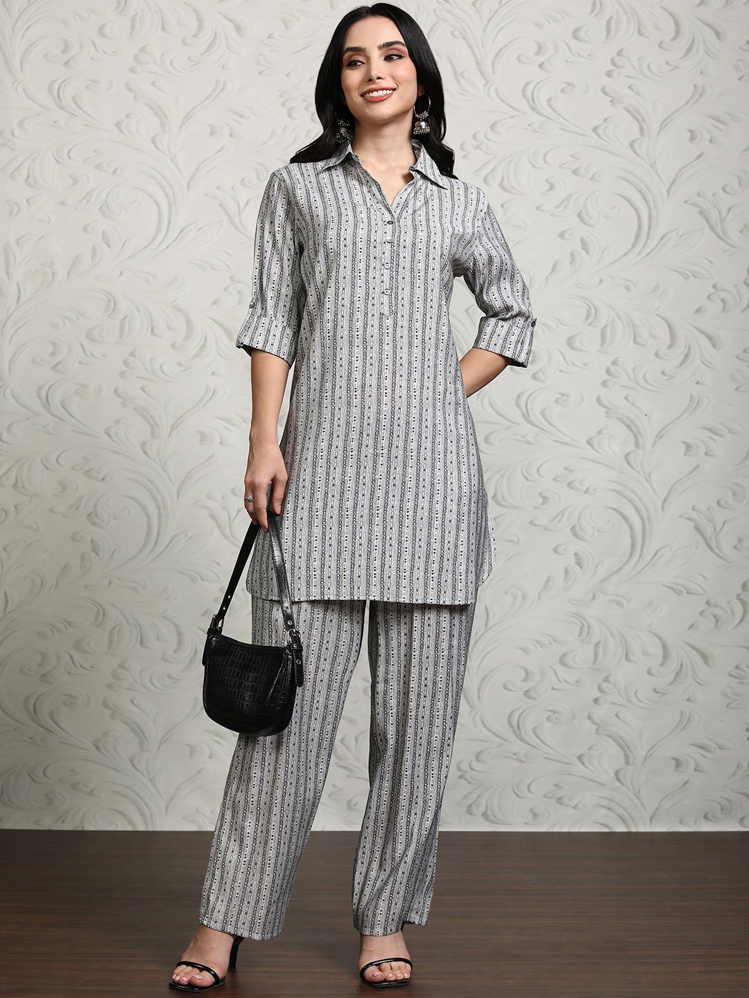 

Vishudh Shirt Collar Striped Tunic With Trouser, Grey