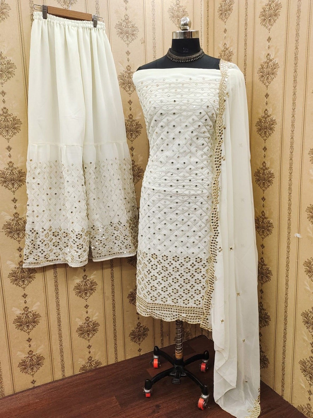 

ZEEPKART Silk Georgette Unstitched Dress Material, White