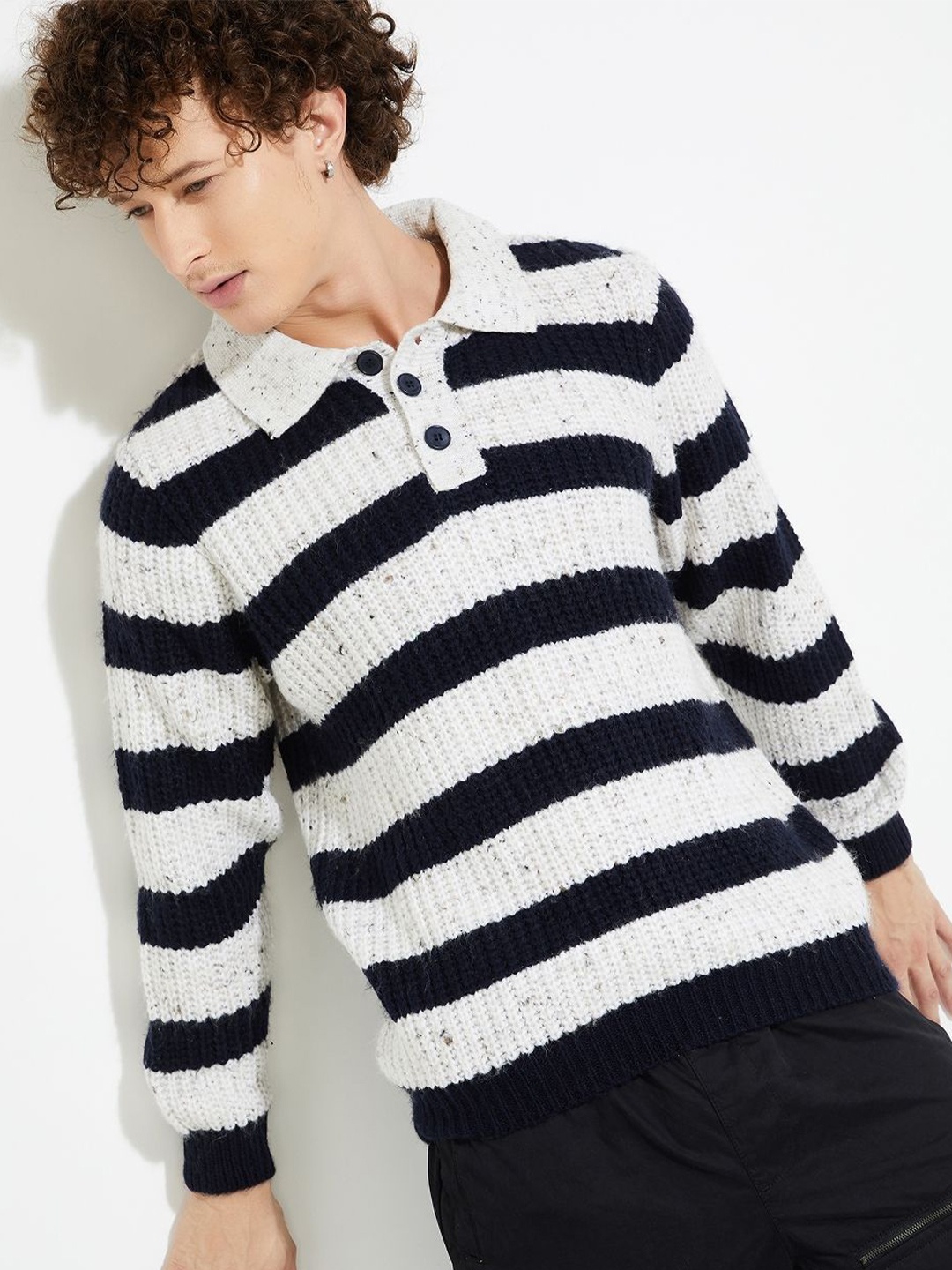 

MAX URB_N Men Striped Heavy Knit Sweater, Navy blue